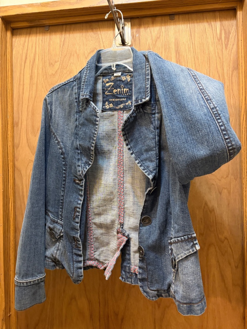 Zenim Womens Faded Blue Denim Button Jacket